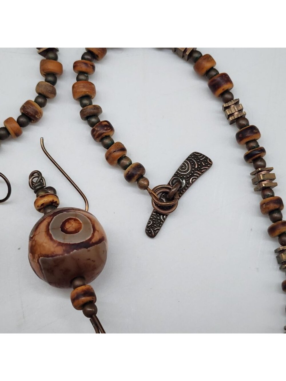 Bohemian Dzi Agate Necklace & Earring Set With Unique Patterned Spheres - Picture 11 of 11